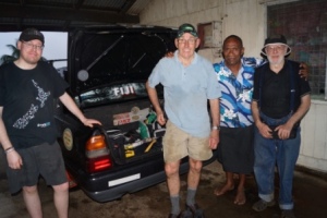 Tim, Grant, Taxi driver Jone and Allan returning from the village